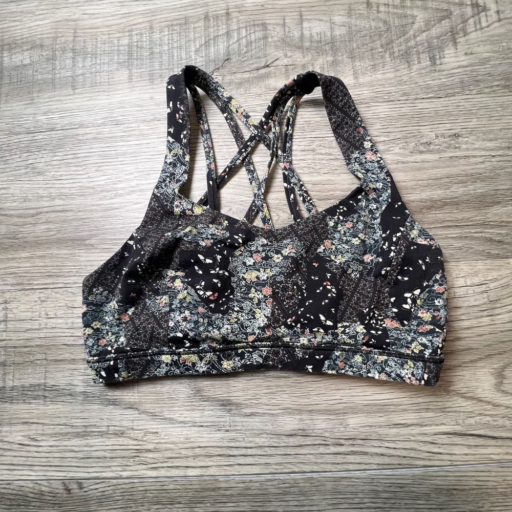 Lululemon Free To Be Wild Sports Bra Womens 4 Black Floral Strappy Yoga AH48